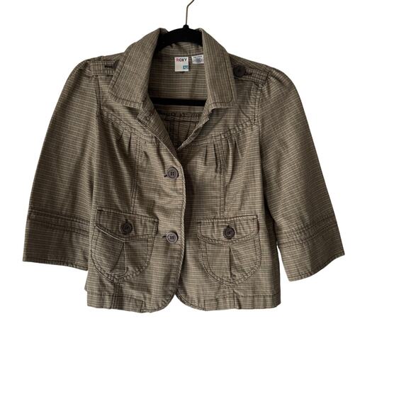 Roxy Jacket Y2k Small Brown Plaid Cropped Blazer 3/4 Sleeve Utility Pockets Twee - Picture 1 of 8